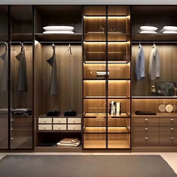 Tủ nhôm kính vân gỗ hiện đại, ấm áp, phù hợp với nhiều phong cách