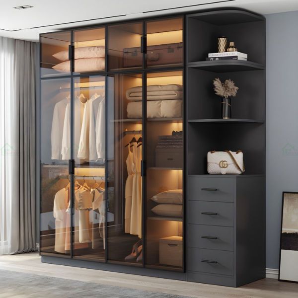 Mẫu tủ nhôm quần áo Xingfa kết hợp kính cường lực tinh tế, hiện đại