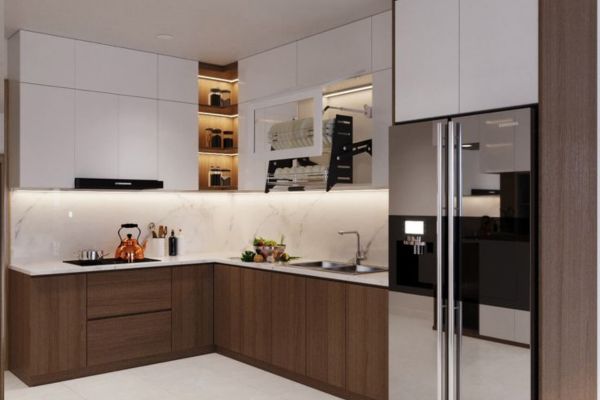 Tủ bếp chữ L nhôm đẹp kiểu vân gỗ thẩm mỹ