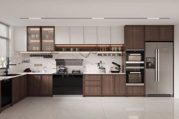 Tủ bếp chữ L nhôm đẹp kiểu vân gỗ sang trọng