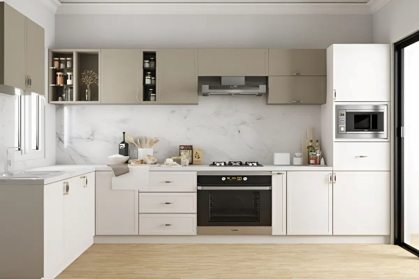 Tủ bếp chữ L nhôm kính màu trắng sứ hiện đại