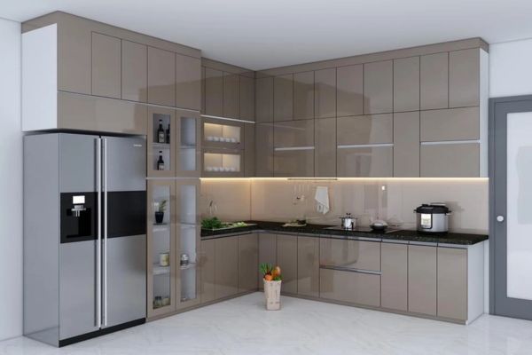 Tủ bếp nhôm kính chữ L sơn tĩnh điện hiện đại, tiện ích