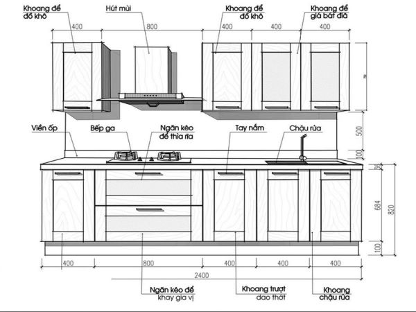 Các kích thước tủ bếp chữ L tiêu chuẩn
