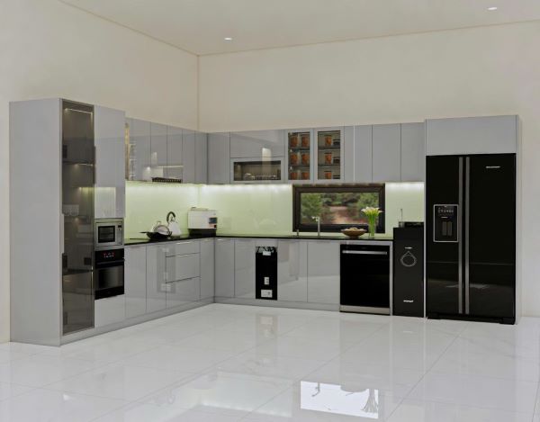 Tủ bếp chữ L nhôm kính cường lực hiện đại