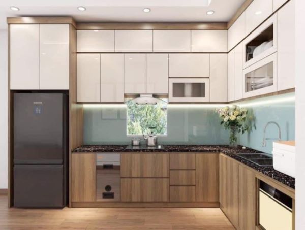 Tủ bếp đẹp chữ L gỗ công nghiệp bền bỉ theo thời gian