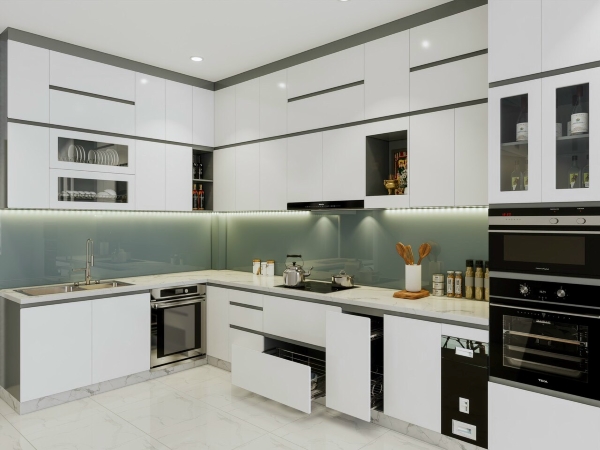 Tủ bếp chữ L nhựa Acrylic với vẻ đẹp hiện đại